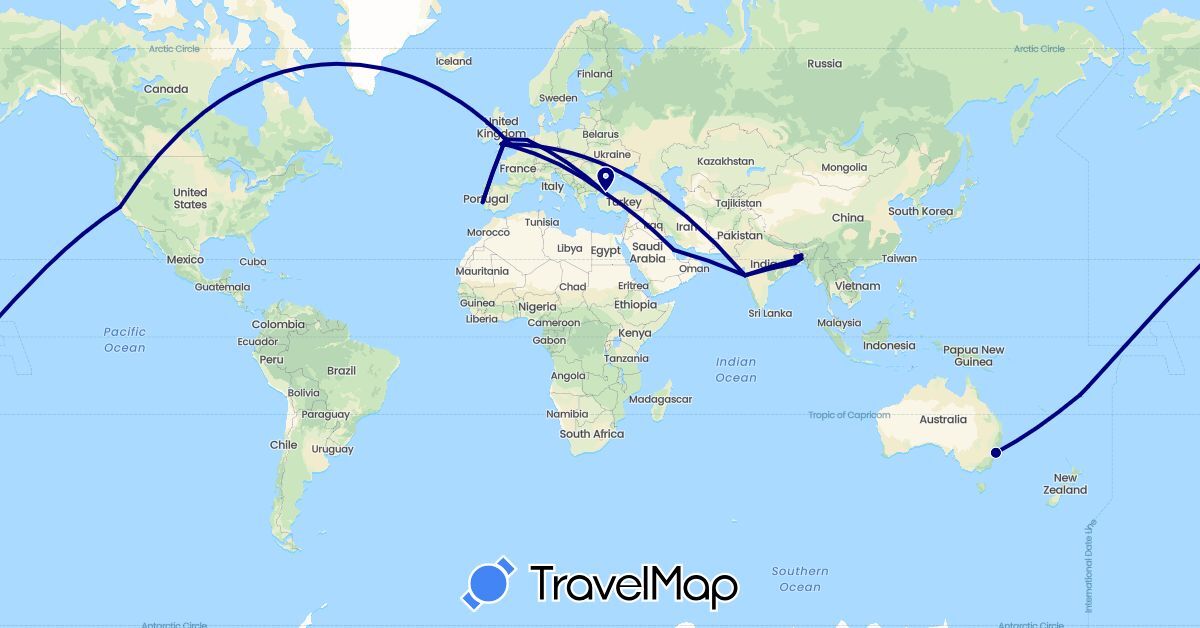 TravelMap itinerary: driving in Australia, Bangladesh, Bahrain, Fiji, United Kingdom, India, Netherlands, Portugal, Turkey, United States (Asia, Europe, North America, Oceania)